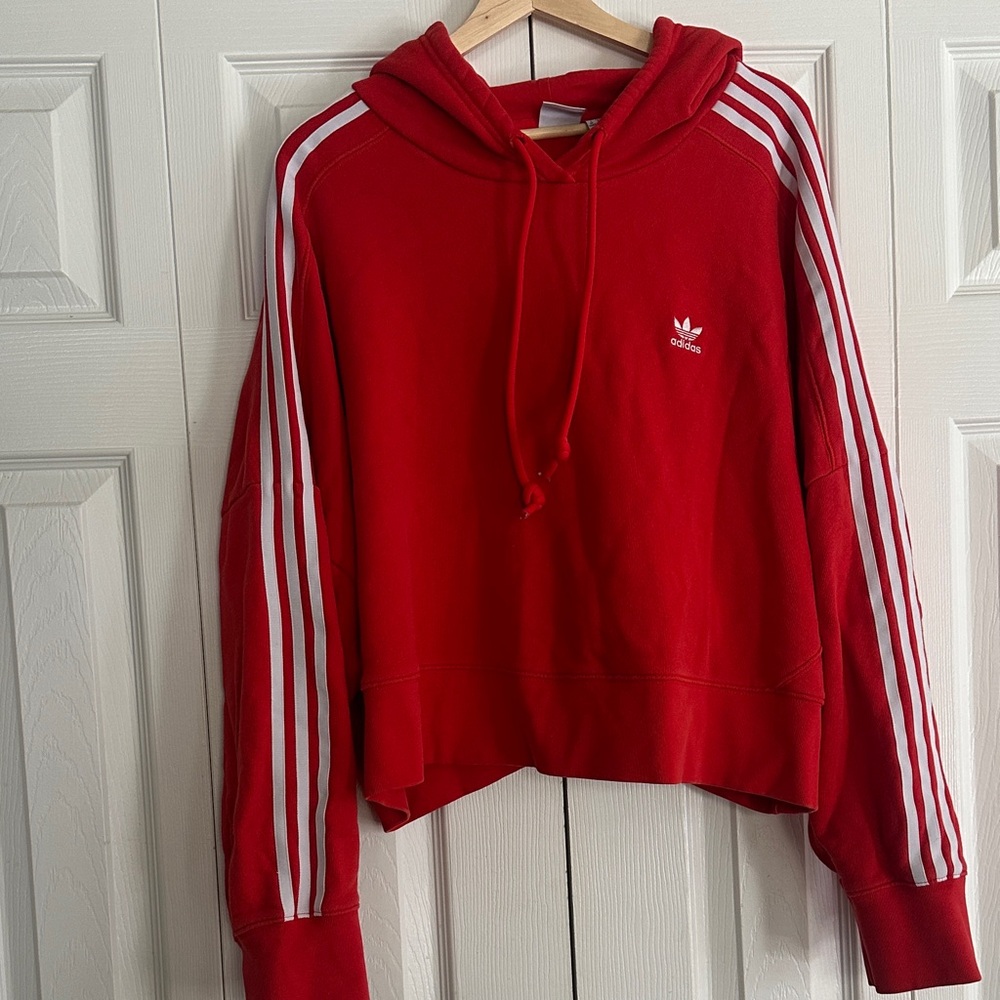 adidas Red Women's Hooded Cropped Sweatshirt with White Stripes